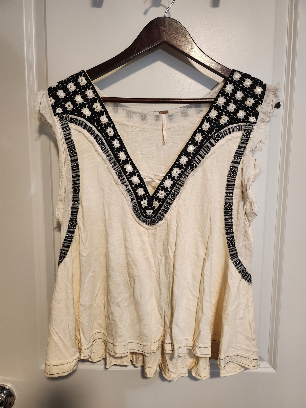 Free People Boho Embroidered V-Neck Sleeveless Top - Cream with Black Details